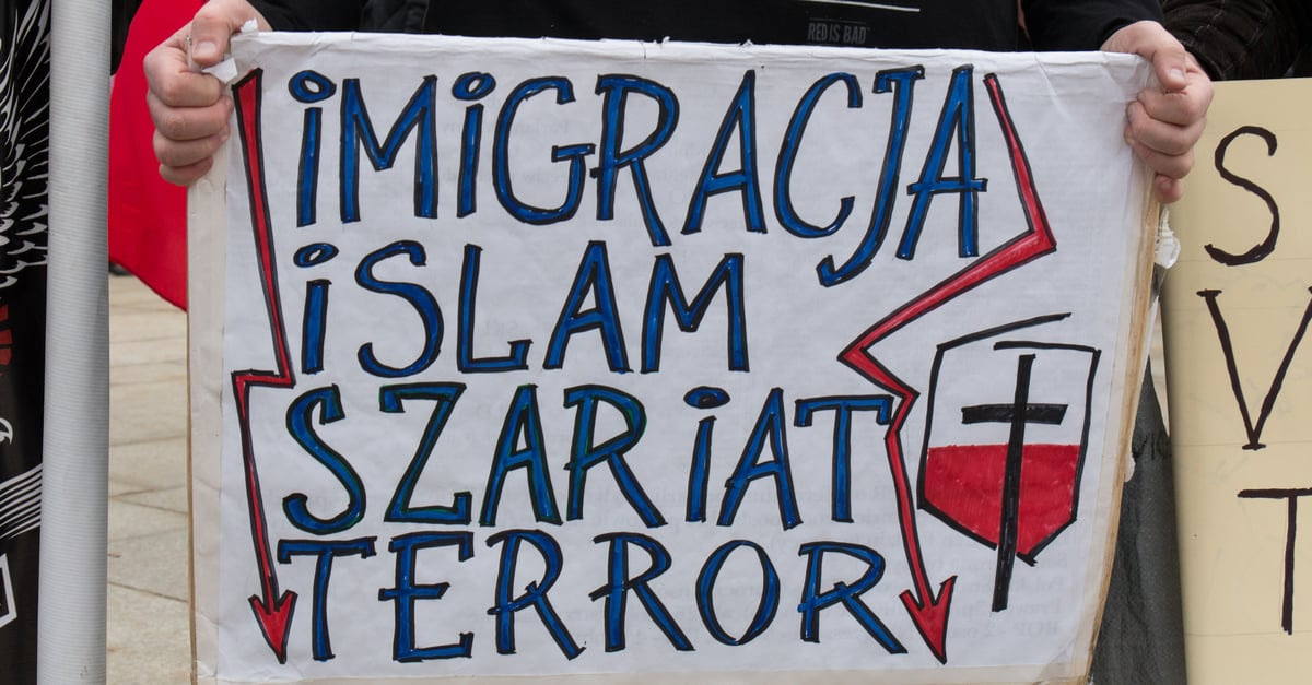 Shutterstock/ WARSAW, POLAND - FEBRUARY 06, 2016: Islam, sharia, terror, unidentified people during demonstration against refugees in Warsaw, Poland. Shutterstock/  Tomasz Bidermann