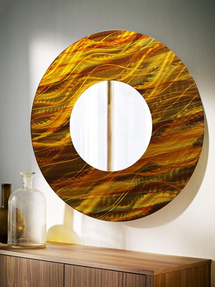 Gold/Amber Abstract Large Round Metal Wall Art Mirror ...