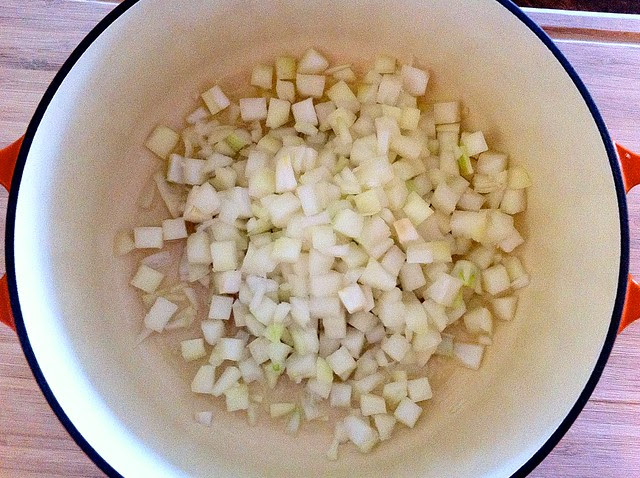 Diced Onion Added to Dutch Oven