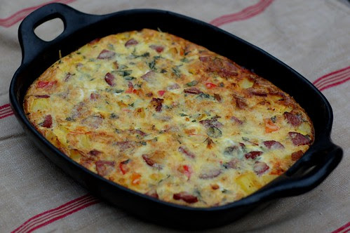 Sausage, Onion, Sweet Pepper and Tomato Frittata by Eve Fox, Garden of Eating blog