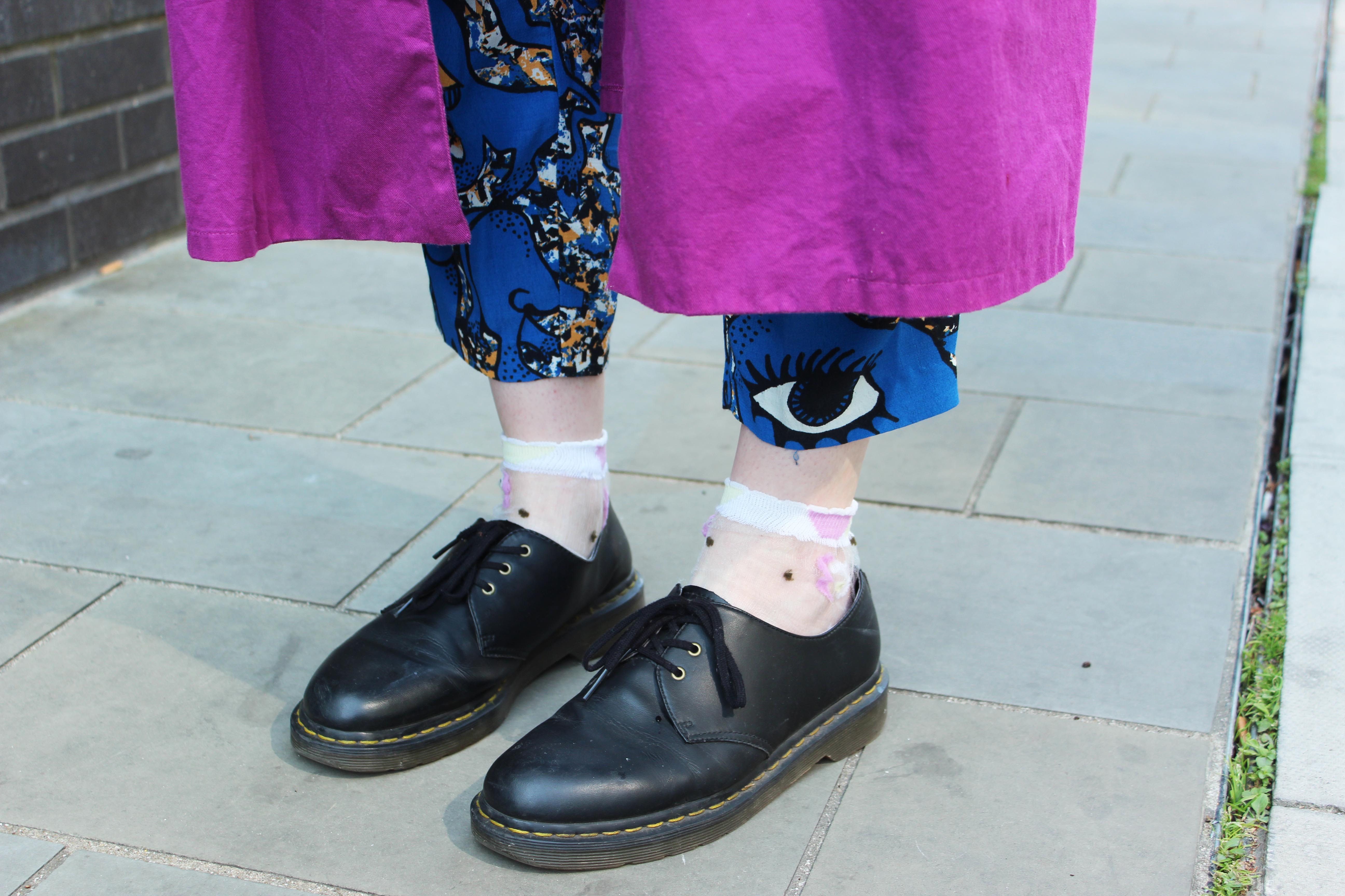Vegan Dr Marten shoes with socks and printed trousers