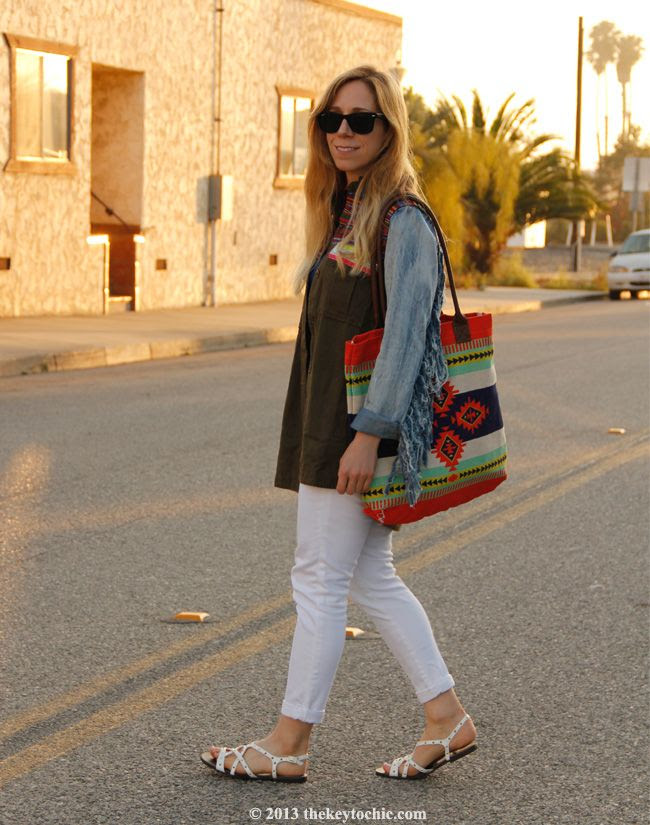 Boohoo Ava denim and Aztec jacket, Gap white skinny jeans, Mossimo Leonore sandals, Target Style, Los Angeles fashion and personal style blog, summer 2013 style