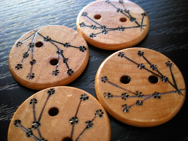 Cherry Blossom Wooden Buttons Large Woodburning - MaynardMillinery Cherry Blossom Wooden Buttons Large Woodburning - MaynardMillinery