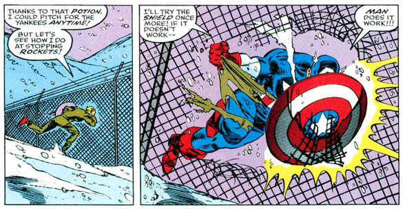 Good thing they spray-painted his shield with that Acme Fence-Repelling Paint.