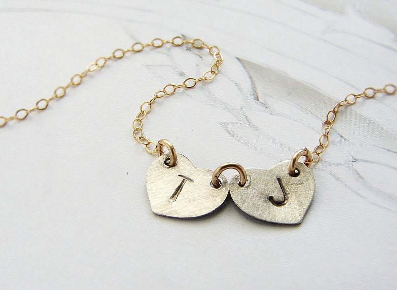 Double Initials necklace personalized initial oxidized silver heart, couple kids two initials necklace Valentine Heart Jewerlry
