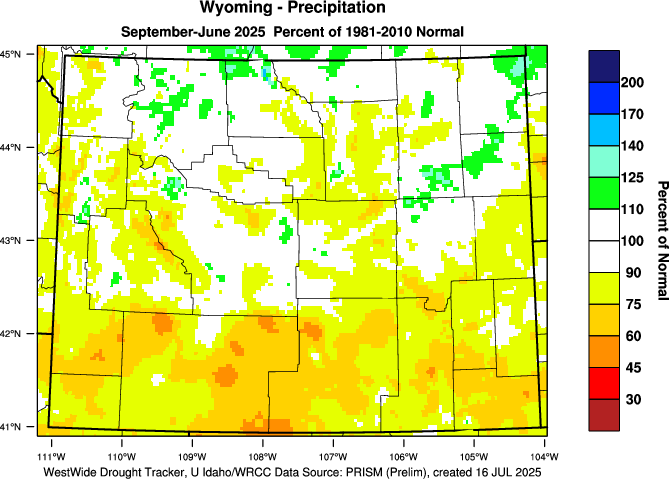 Wyoming: 2014-2015 Water Year Percent of Normal Precipitation - Click to Enlarge Wyoming: 2014-2015 Water Year Percent of Normal Precipitation