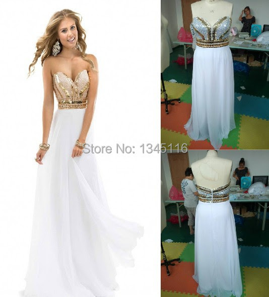 2016 New Elegant women Noble sequins Beads Sweetheart White Gold Party prom Gown Long Chiffon Formal