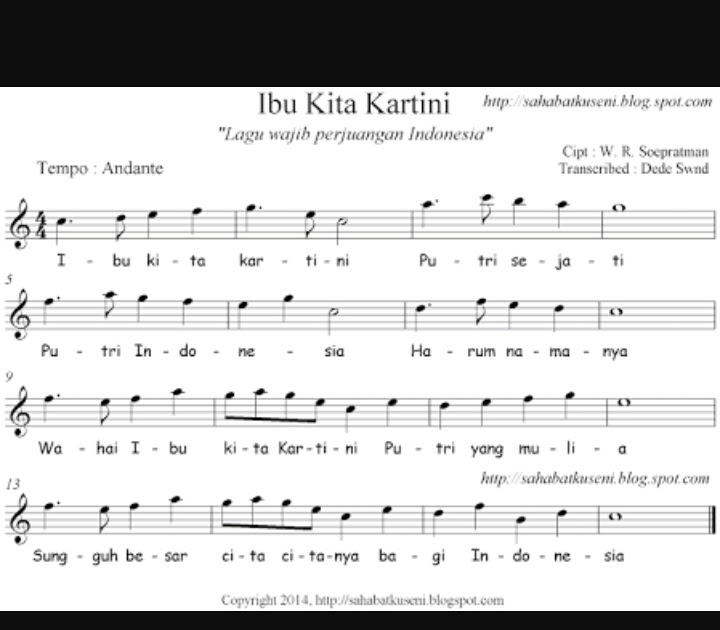 Nada Lagu Kartini - Ibu Kita Kartini Ciptaan : Not pianika ibu kita