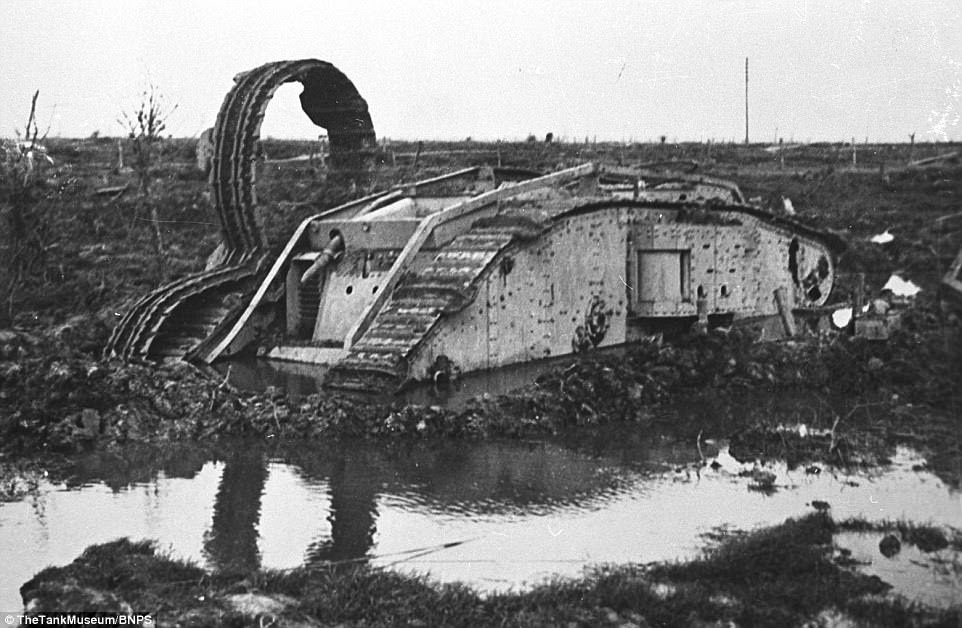 A Mark IV tank, similar to the Fray Bentos, is pictured stranded in the mud at Passchendaele. The Bentos' captain was a grocer with the licence to sell the famous tinned meat before the war, remained stranded in a bomb crater