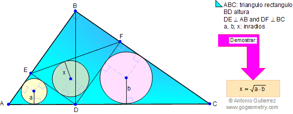 Problema 20: Triángulo rectángulo, Altura, Perpendiculares, Inradios. 