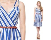 70s Sun Dress Striped NAUTICAL Blue White Midi Wrap 1970s Summer Deep V Neck Spaghetti Strap High Waist Vintage Sailor Stripe Sundress Small - ShopExile 70s Sun Dress Striped NAUTICAL Blue White Midi Wrap 1970s Summer Deep V Neck Spaghetti Strap High Waist Vintage Sailor Stripe Sundress Small - ShopExile