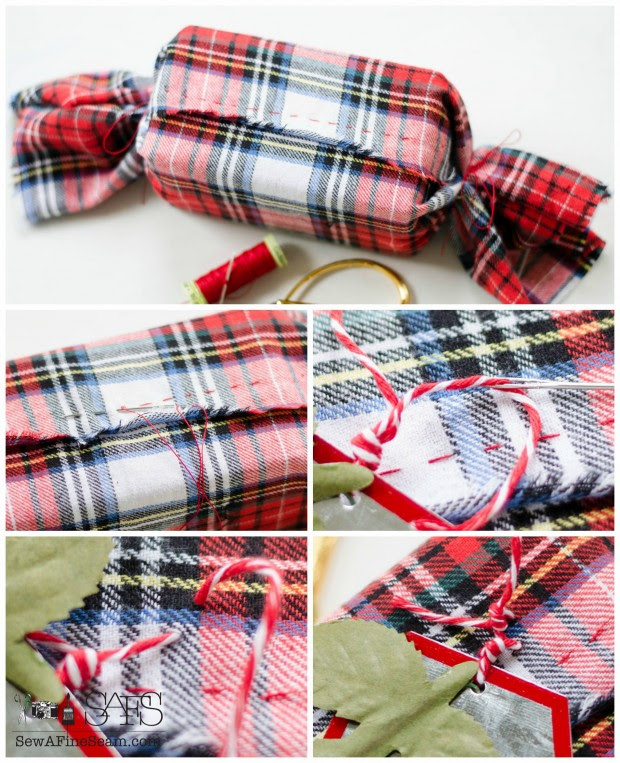plaid fabric handstitched around a christmas package plaid fabric handstitched around a christmas package