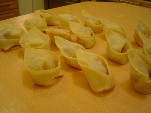 won ton ravioli with salami-cheese filling