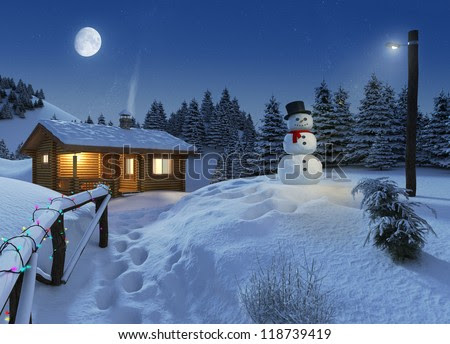 cozy log cottage in a winter scene with snowman, christmas lights and cozy log cottage in a winter scene with snowman, christmas lights and