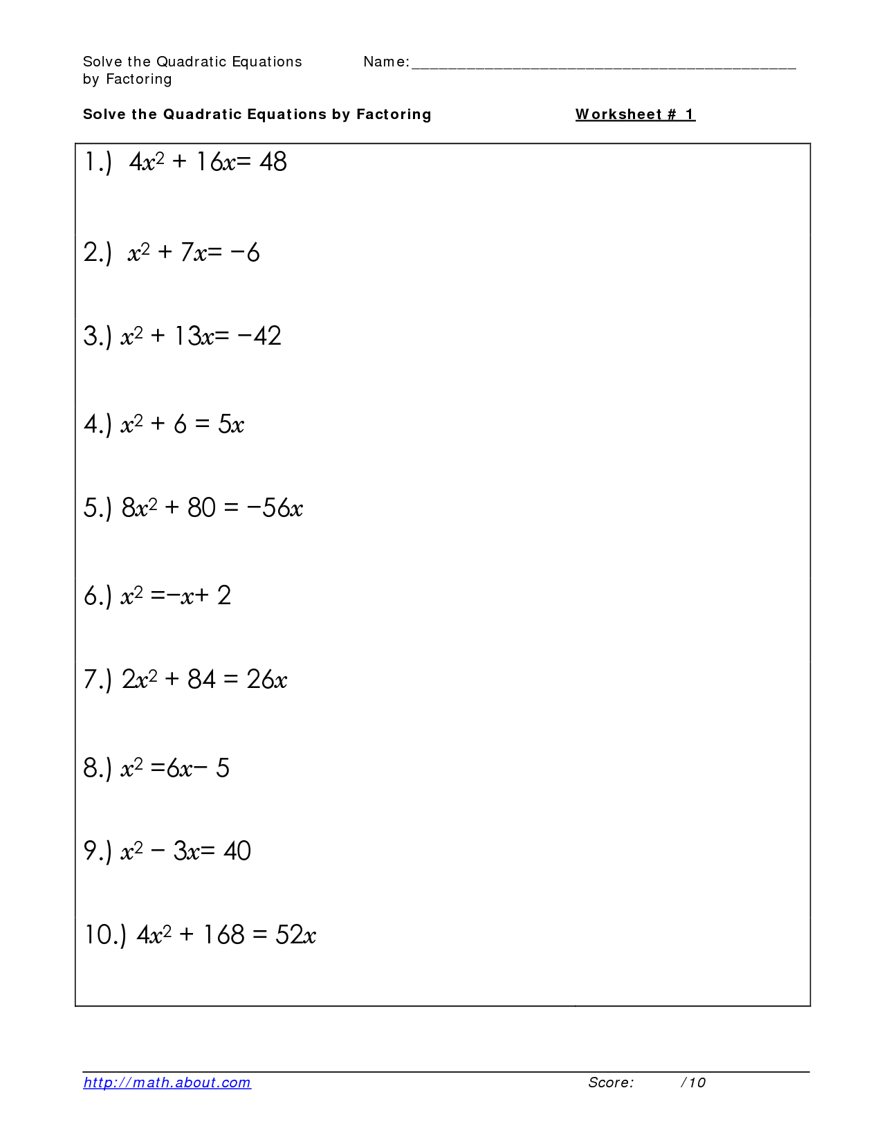 Quadratic Formula Pdf Worksheet