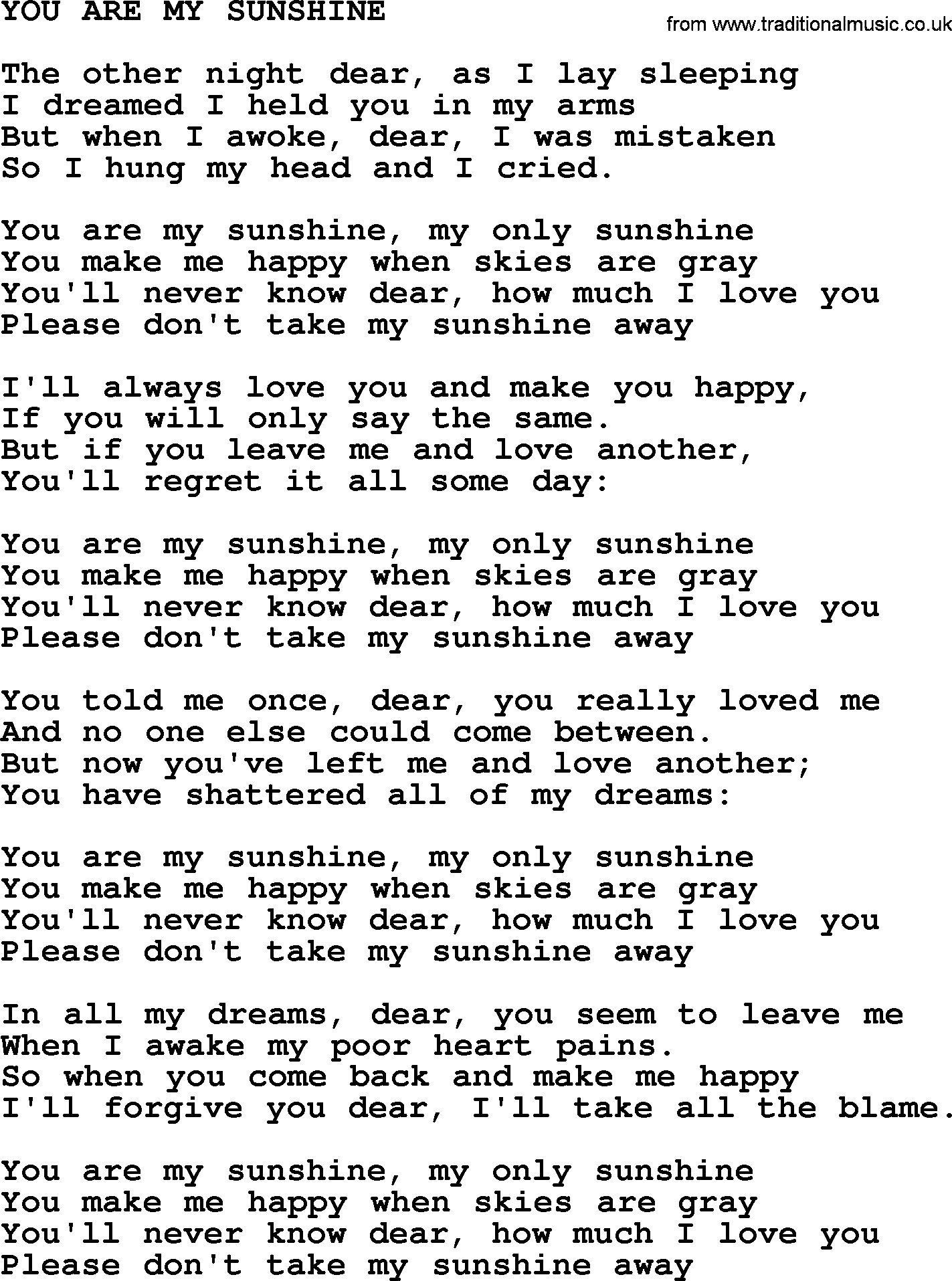 Lyrics Center You Are My Sunshine Song Lyrics
