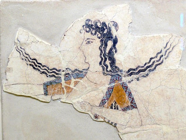 An analysis of ancient DNA has revealed that two ancient civilisations in Greece, the Minoans and Mycenaens, were genetically descended from early Neolithic farmers from Turkey. This image shows a woman  dancing in a  Minoans fresco fragment that dates from 1600 to 1450 BC