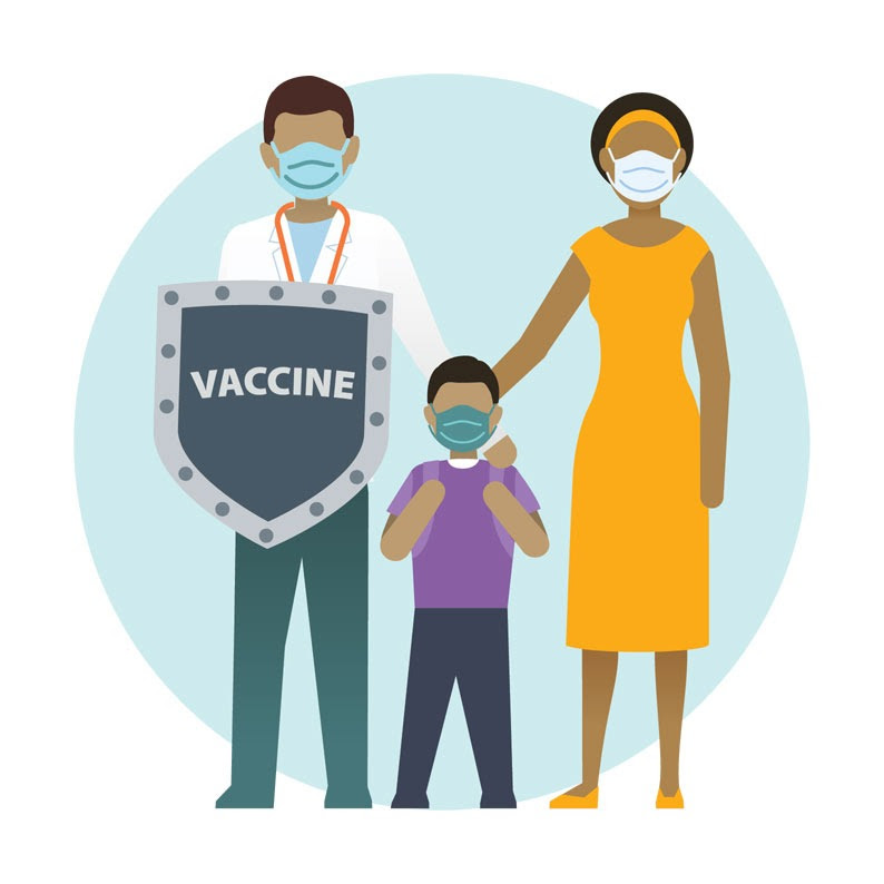 illustration of family with doctor all wearing masks and doctor is holding shield with text vaccine