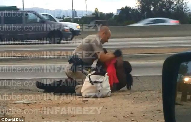 Struggle: A motorist filmed while the officer climbed on top of the woman and proceeded to punch her