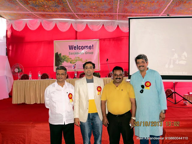 Mr. Sanjay Deshapande with Guest of Honor Mr. A. J. Rodriques, Regional Manager, State Bank of India & Chief Guest Mr. Anirudh Chaoji, Director, Pugmarks Eco Tours - Handing Over Ceremony of Sanjeevani Developers' Sangam at Sus on Sunday 20th October 2013