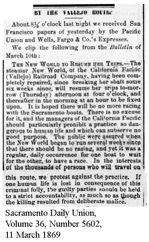 California Pacific steamer New World returned to service - Sacramento Daily Union, Volume 36, Number 5602, 11 March 1869.