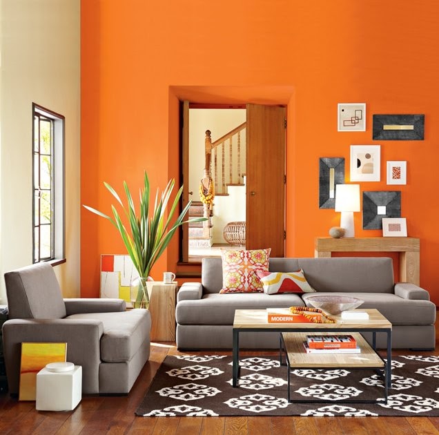 Living Room Ideas With Orange Sofa / Dark walls, bright sofa | Living