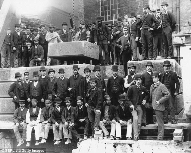 The Victorians were wedded to the idea of progress and improving their own lives and those of others. Pictured: Workers start the new Stockport Viaduct, which became the biggest brick structure in Europe
