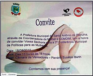 Prefeitura de Santo Antonio da Patrulha faz convite sexista para Conferência de Política para Mulheres Prefeitura de Santo Antonio da Patrulha faz convite sexista para Conferência de Política para Mulheres