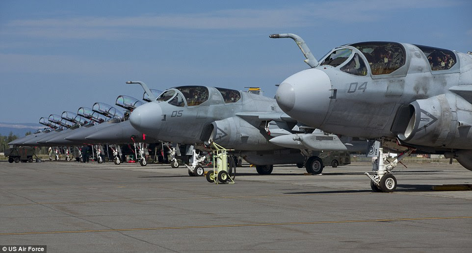 Top gun: U.S. Marine Corps EA-6B Prowler aircrafts assigned to Marine Tactical Electronic Warfare Squadron 2 are lined up during NE15. Alaska's huge skies are like no other place on Earth for military training, says Lt. Col. Tim Bobinsky