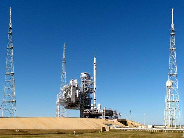 An artist's concept of the Ares I-X rocket at Launch Pad 39B in Kennedy Space Center, Florida.