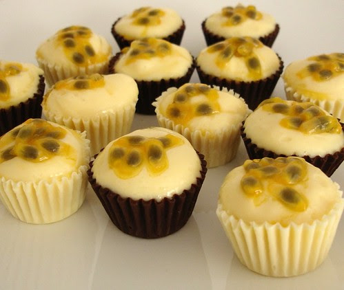 Passion fruit mousse in tiny chocolate cups