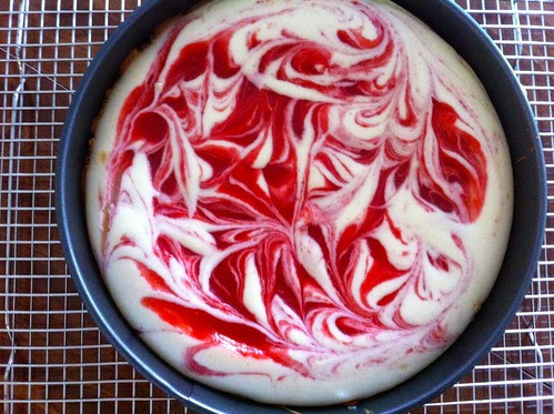 Baked Strawberry Swirl Cheesecake Cooling