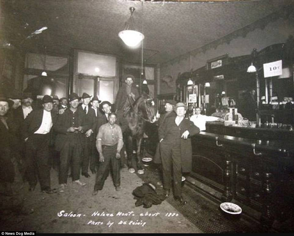 A saloon in Helena, Montana, circa 1890 - complete with a horse and rider. Soldiers tended not to be welcome in Western saloons. This is partly because they were seen as representing the state, and partly because they were blamed for infecting saloon girls with venereal diseases