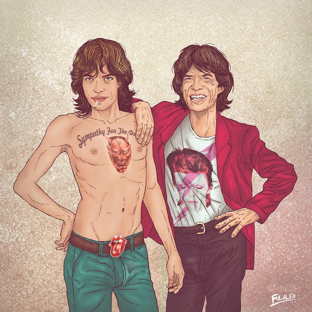 Mick Jagger também foi desenhado por Fulaleo. Vocalista dos Rolling Stones aparece com tatuagem de 'Sympathy for the Devil', música da banda, e camiseta com imagem de David Bowie (Foto: Behance/Fulaleo) Mick Jagger também foi desenhado por Fulaleo. Vocalista dos Rolling Stones aparece com tatuagem de 'Sympathy for the Devil', música da banda, e camiseta com imagem de David Bowie (Foto: Behance/Fulaleo)