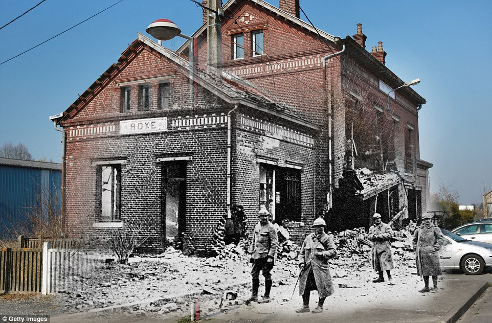 Through the ages: The railway station in Roye, a commune in the Somme, northern France, still stands despite damage caused during fighting  in 1914. The line is still in use today, with services running to the Gare du Nord in Paris throughout the week