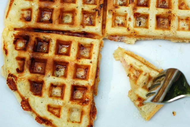 Ham and cheddar waffles with fresh rosemary by Eve Fox, Garden of Eating blog, copyright 2012