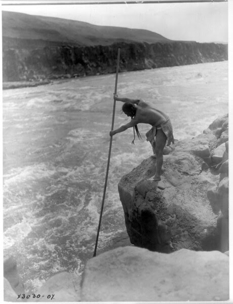Description of  Title: The fisherman--Wishham (i.e., Wishram).  <br />Date Created/Published: c1910 March 11.  <br />Summary: Tlakluit Indian, standing on rock, fishing with dip net.  <br />Photograph by Edward S. Curtis, Curtis (Edward S.) Collection, Library of Congress Prints and Photographs Division Washington, D.C.