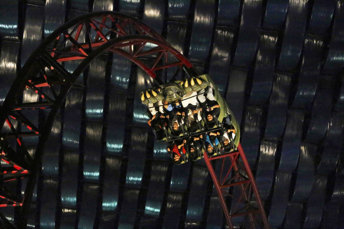There are 22 rides and attractions in IMG Worlds of Adventure, including this velociraptor rollercoaster which takes riders around the indoor park before speeding through the surrounding desert. The ride is in The Lost Valley zone.