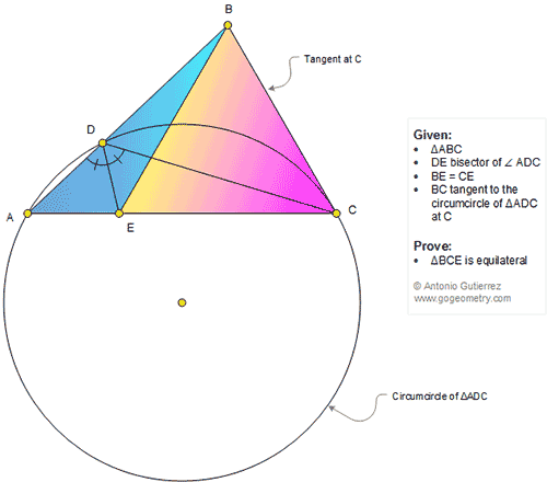 
 English ESL: Problema de Geometria 1347: Triangulo, Bisectriz, Congruencia, Circunferencia Circunscrita, Tangente, Triangulo Equilatero