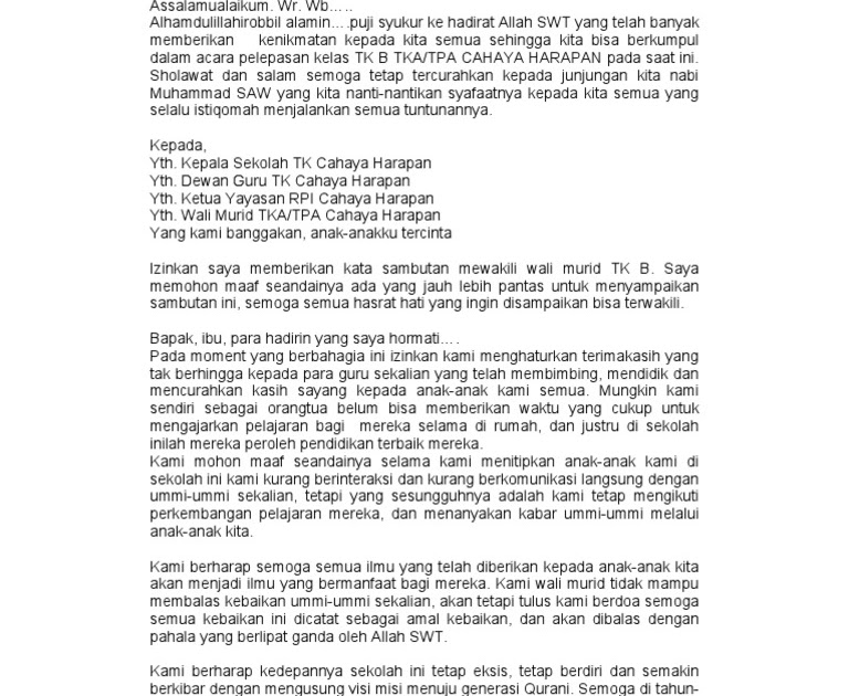 Pidato perpisahan tk dari wali murid