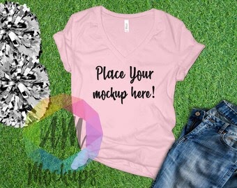 Download Bella Canvas T Shirt Mockup Pink Cheer Girly Pom Pom Feminine Grass Team Flat Lay T Shirt Tshirt Mock Up Mock Up Flat Lay Unique PSD Mockup Templates