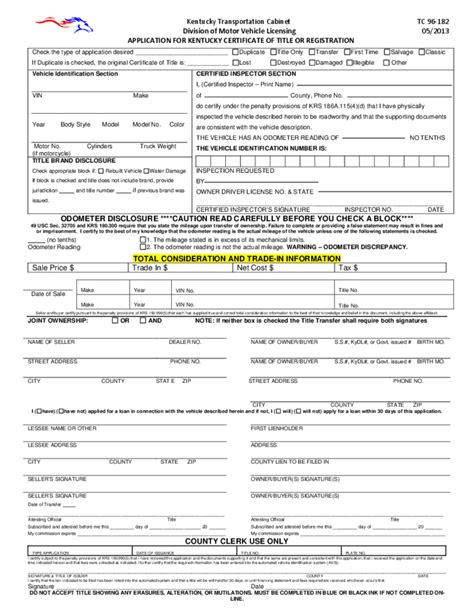 Car Registration Form - Kentucky Free Download
