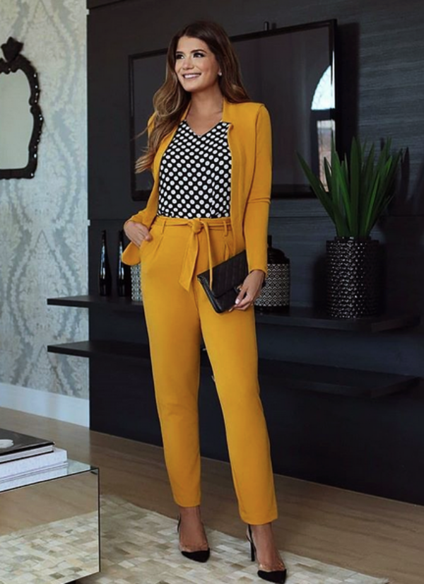 mustard yellow outfit with polka dot shirt pictures