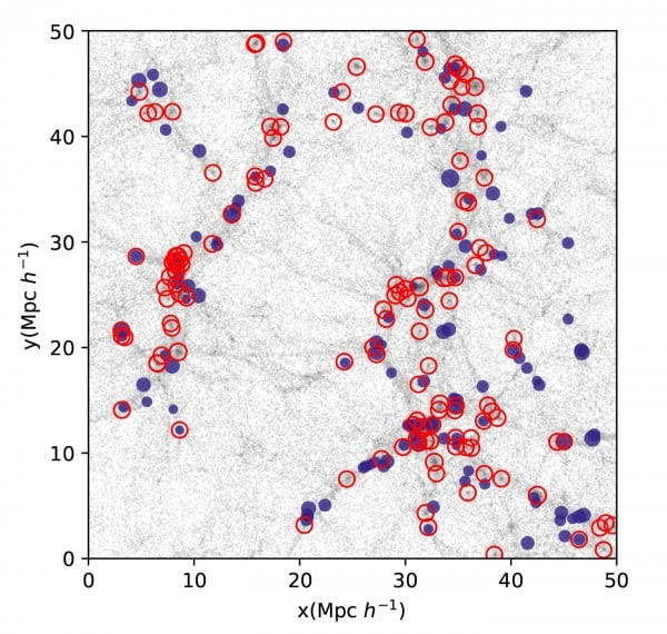 The image shows a slice of a numerical model for dark matter (grey points) and galaxies. Two types of galaxies are shown: bright emission line galaxies (filled circles) and those galaxies hosted by gravitational potentials above a threshold such that the number density equals that of the emission line galaxies (open circles).
This figure illustrates that emission line galaxies trace different features from the cosmic web than galaxies selected by either their stellar mass or the strength of the gravitational potential where they have formed.