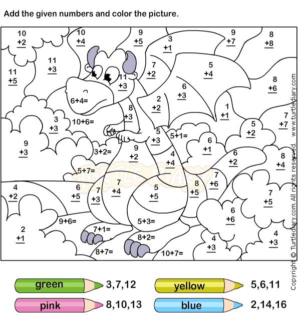 Color By Number Addition Free Printables - Brian Harrington's Addition Worksheets