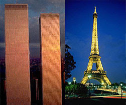 The Twin Towers of the World Trade Center in New York, and the Eiffel Tower in Paris