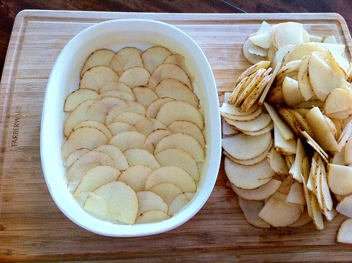 First Layer of Potatoes Layered in Dish
