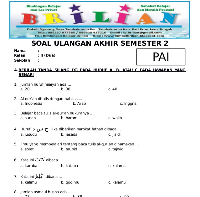 Soal Bahasa Arab Kelas 3 Mi Semester 2 - Defi Soal