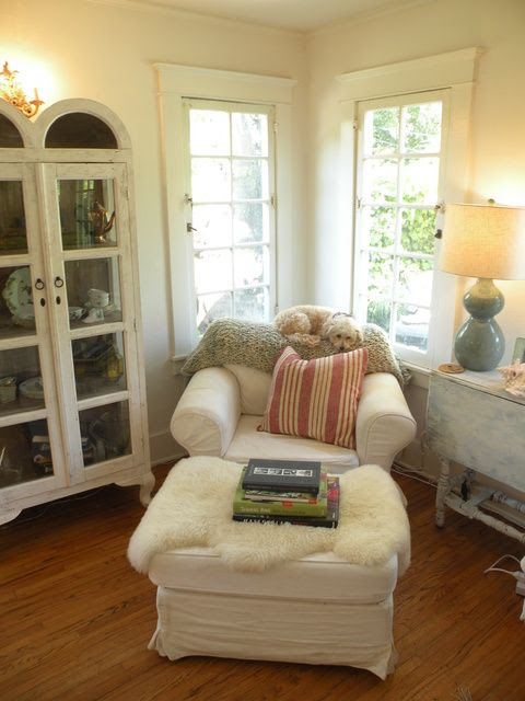Cozy reading spot - great chair, curio cabinet, chippy drop-leaf table - love it!