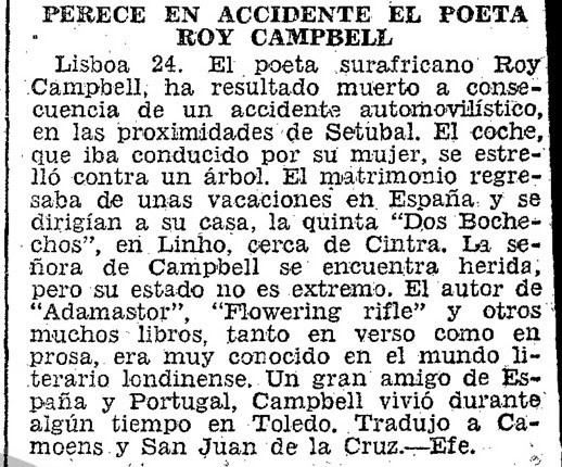 Noticia de la muerte de Roy Campbell. ABC del 25-4-1957
